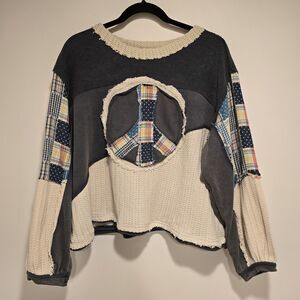 POL Long Sleeve Peace Sign Top Medium Patchwork Boho Hippie Oversized Women Blue